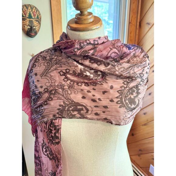 100% Silk Paisley Bead Embroidered Scarf - Picture 3 of 6